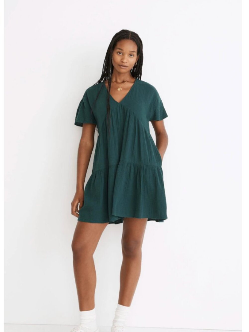MADEWELL Lightspun Popover Tiered Mini Dress Gauze Smoky Spruce Green Small
